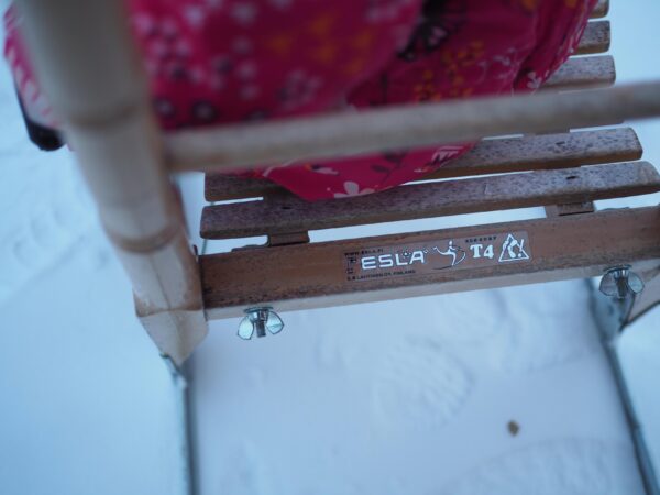 My daughter riding an ESLA T4 kicksled. The focus in the photo is in the manufacturer logo.