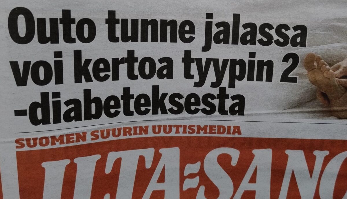 Eilinen otsikko Ilta-Sanomien kannessa: ”Outo tunne jalassa voi kertoa tyypin 2 -diabetesta”.